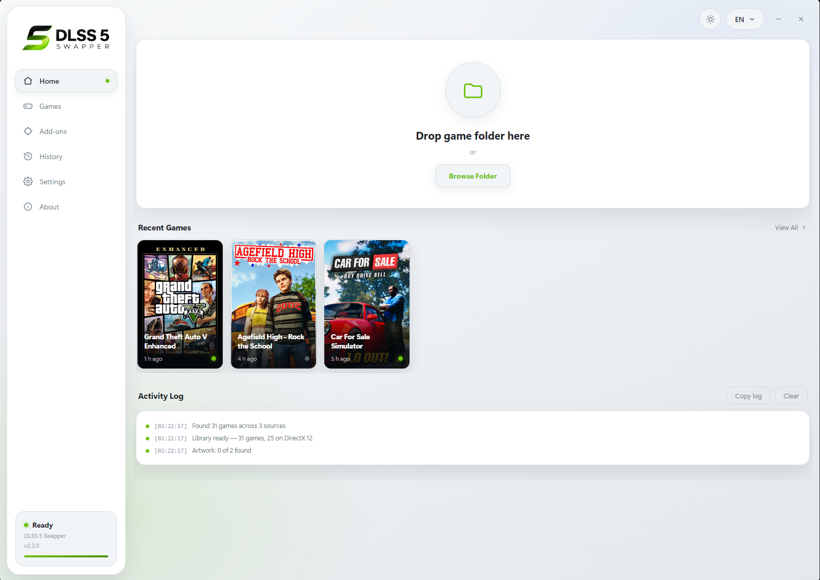 Historical DLSS5-Swapper v2.2.0 Home screen with Browse Folder, Games, Add-ons and History controls.